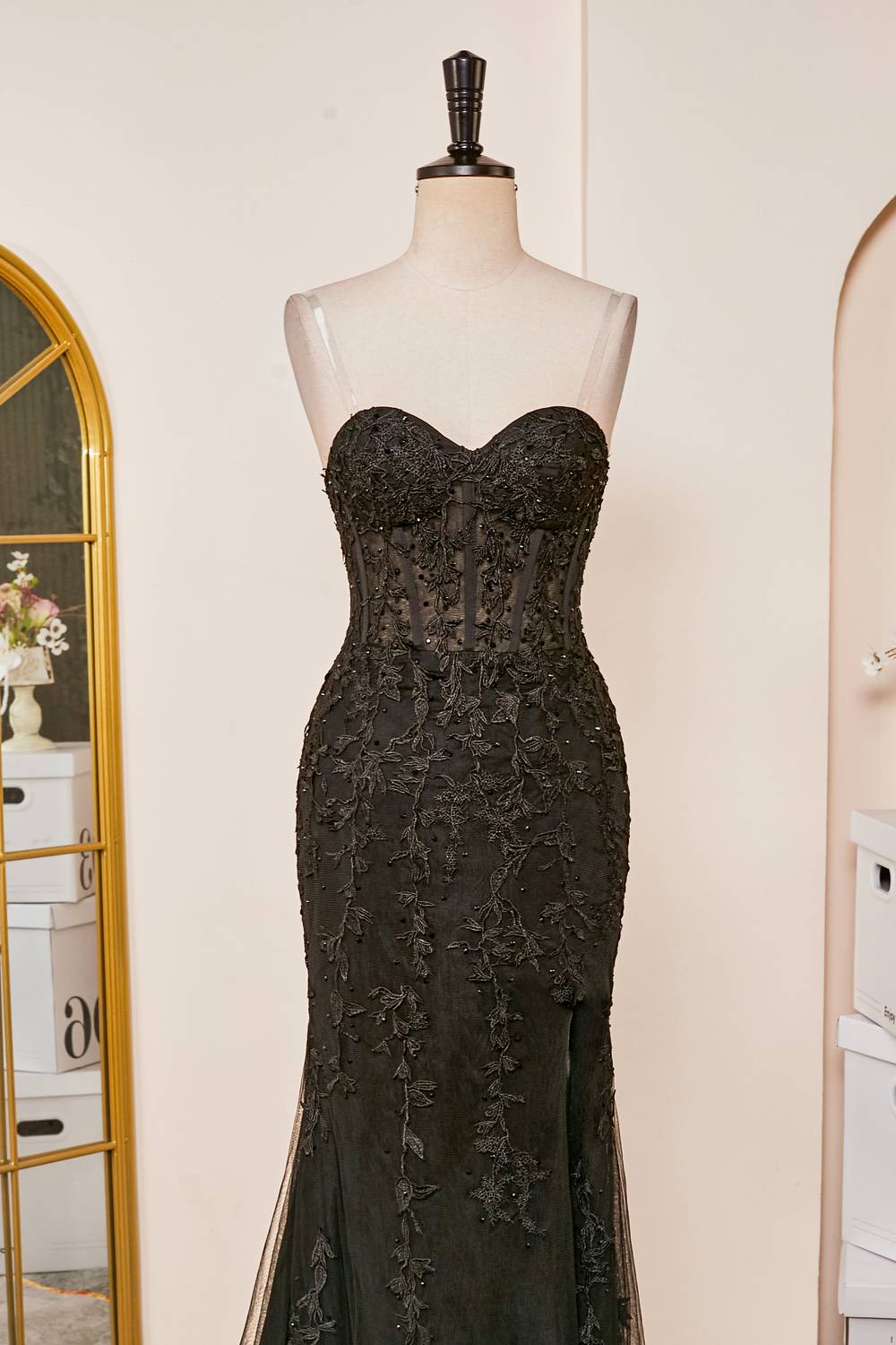 Mermaid Sweetheart Black Appliques Slit Long Prom Dress