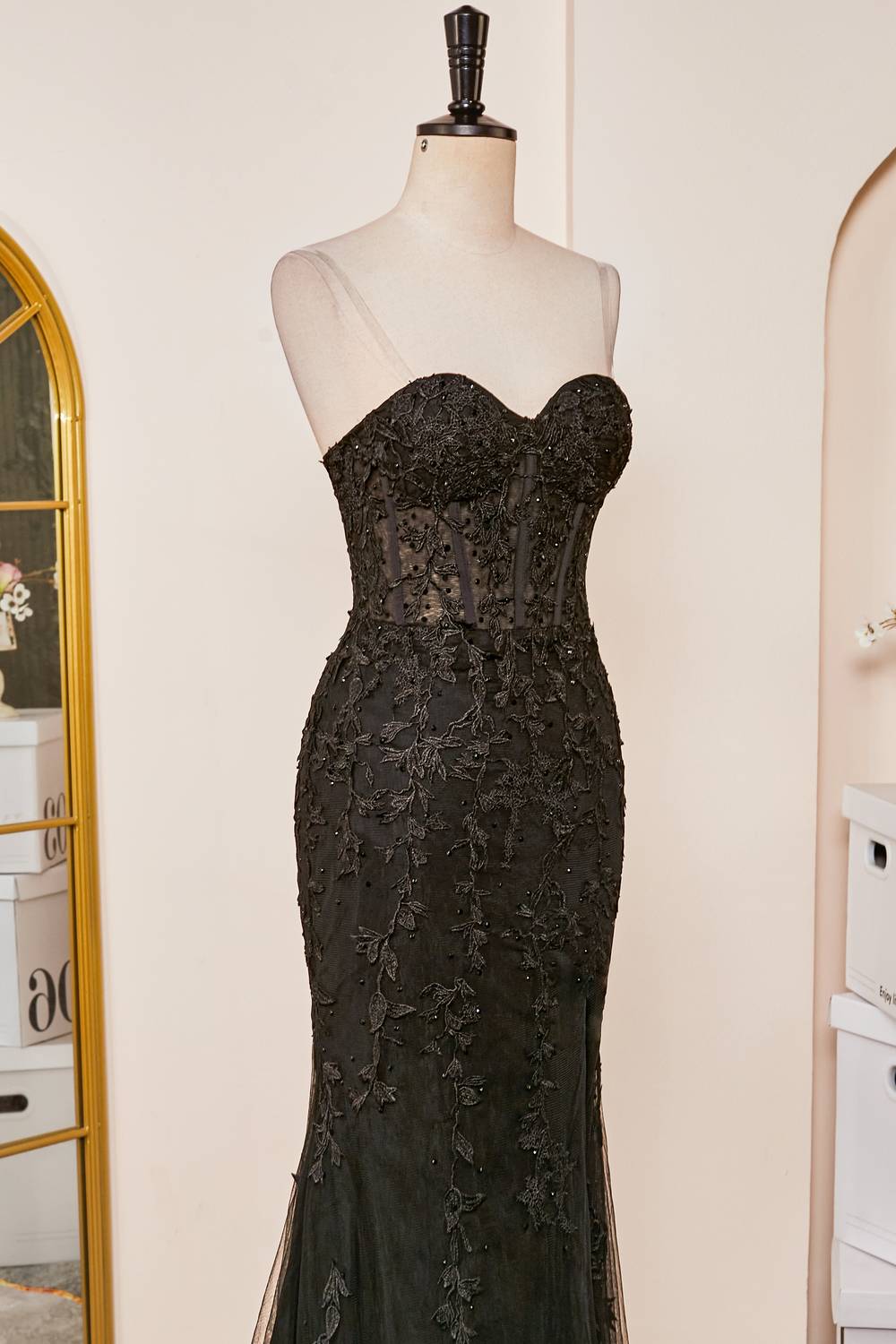 Mermaid Sweetheart Black Appliques Slit Long Prom Dress