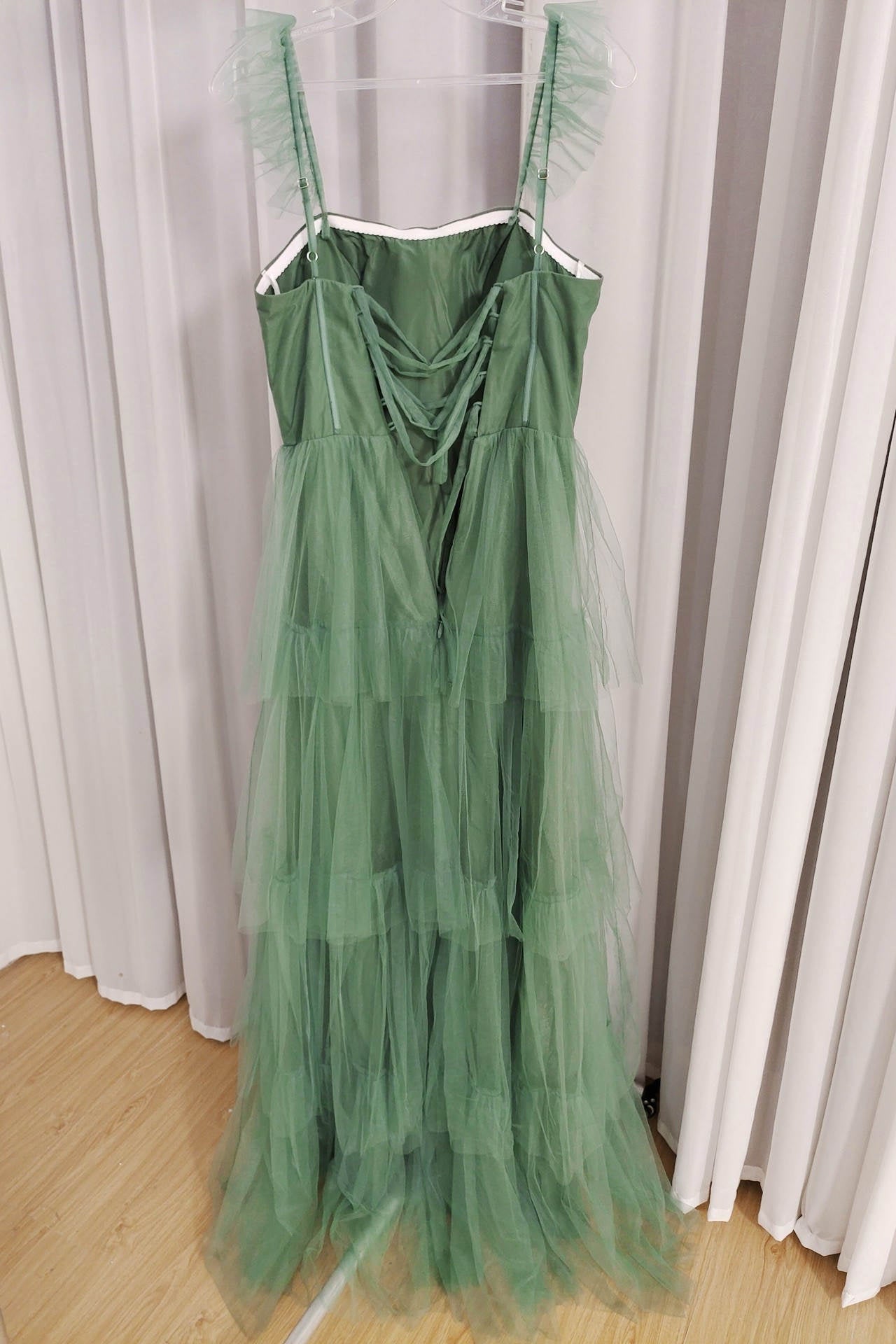 Straps Misty Blue Tiered Ruffles Long Bridesmaid Dress