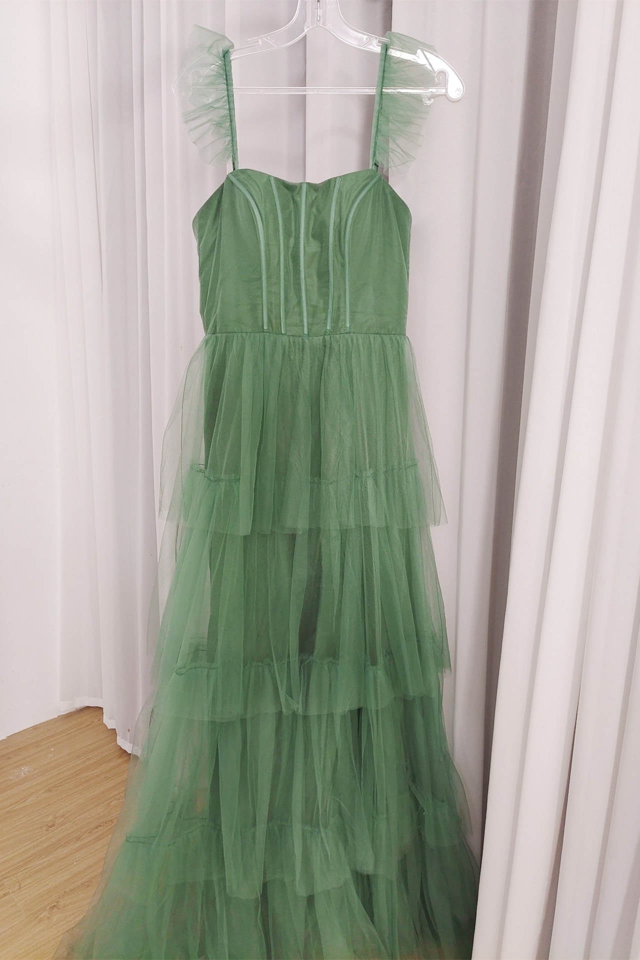 Straps Misty Blue Tiered Ruffles Long Bridesmaid Dress