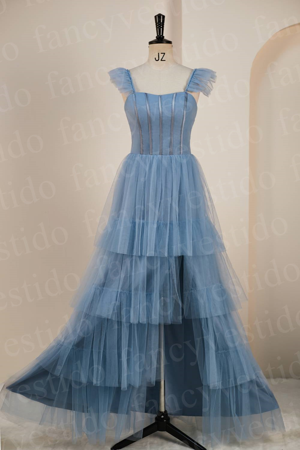 Straps Misty Blue Tiered Ruffles Long Bridesmaid Dress