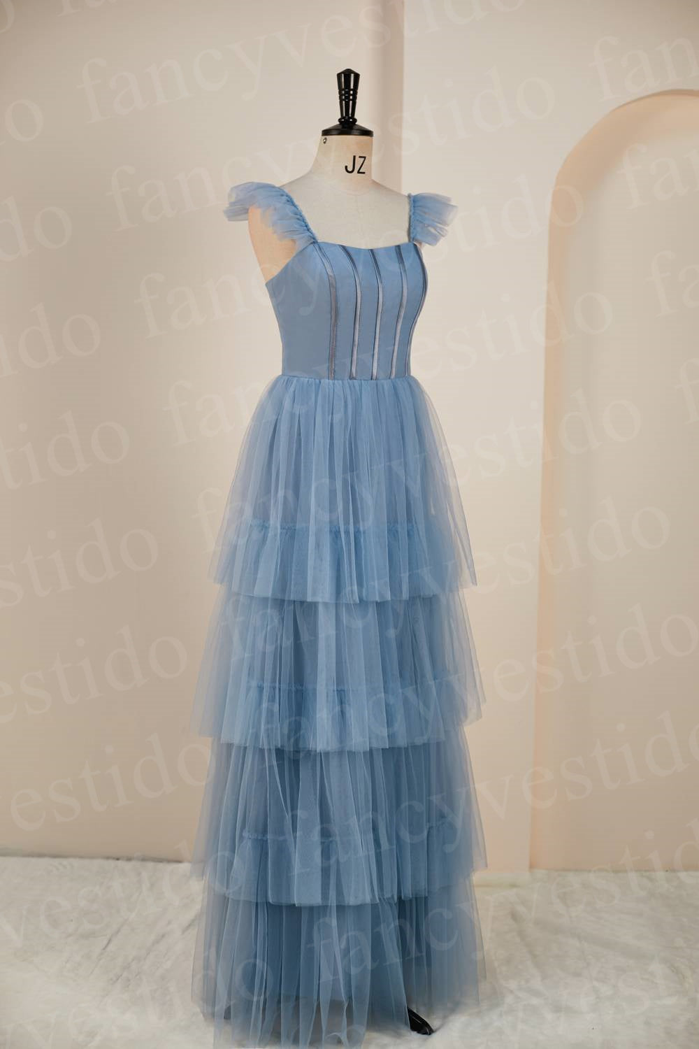 Straps Misty Blue Tiered Ruffles Long Bridesmaid Dress