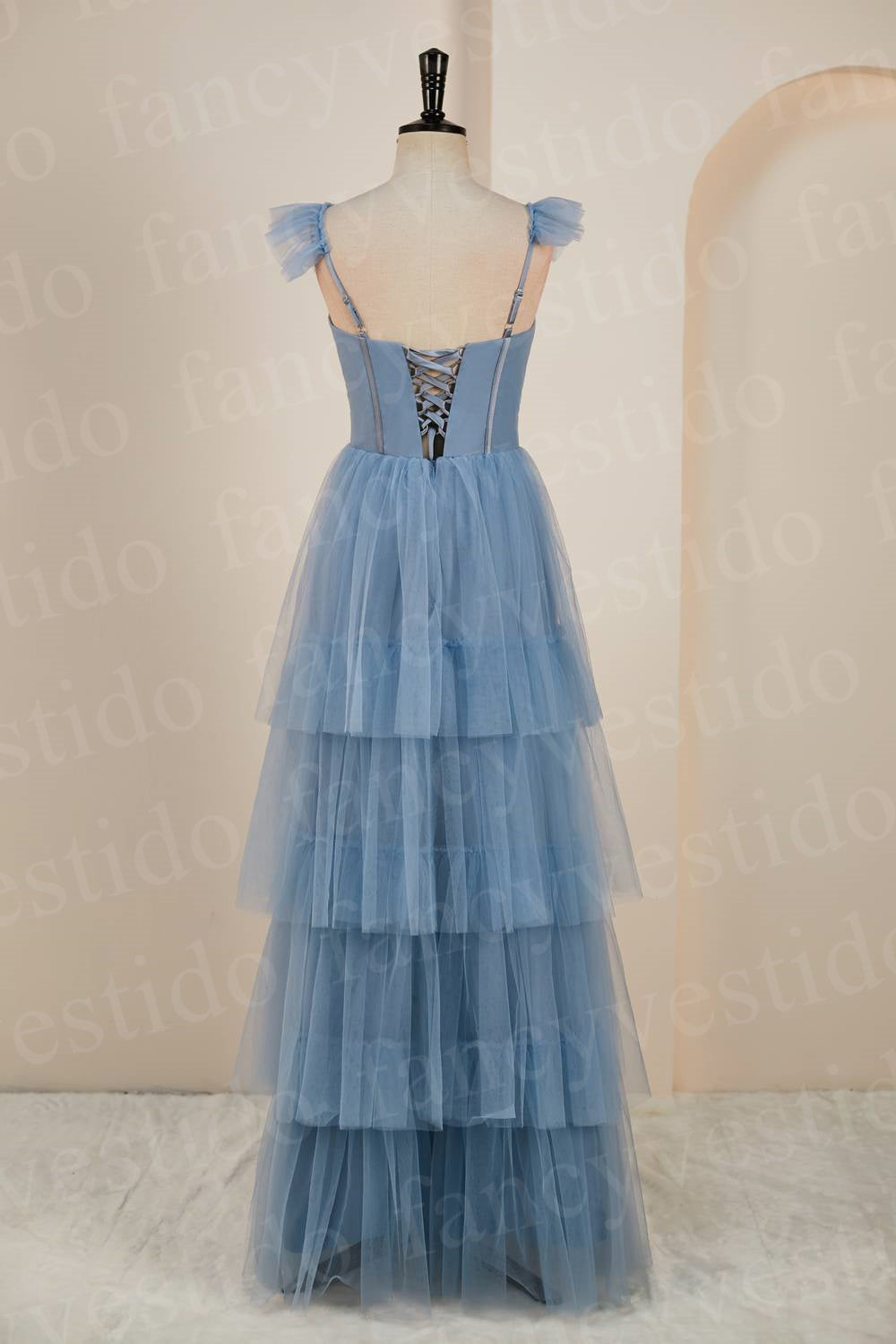 Straps Misty Blue Tiered Ruffles Long Bridesmaid Dress