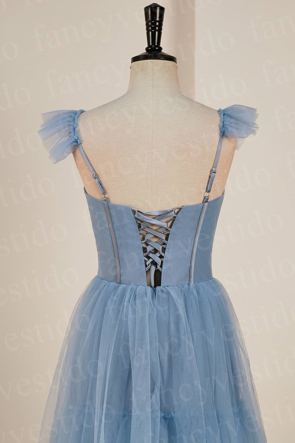 Straps Misty Blue Tiered Ruffles Long Bridesmaid Dress