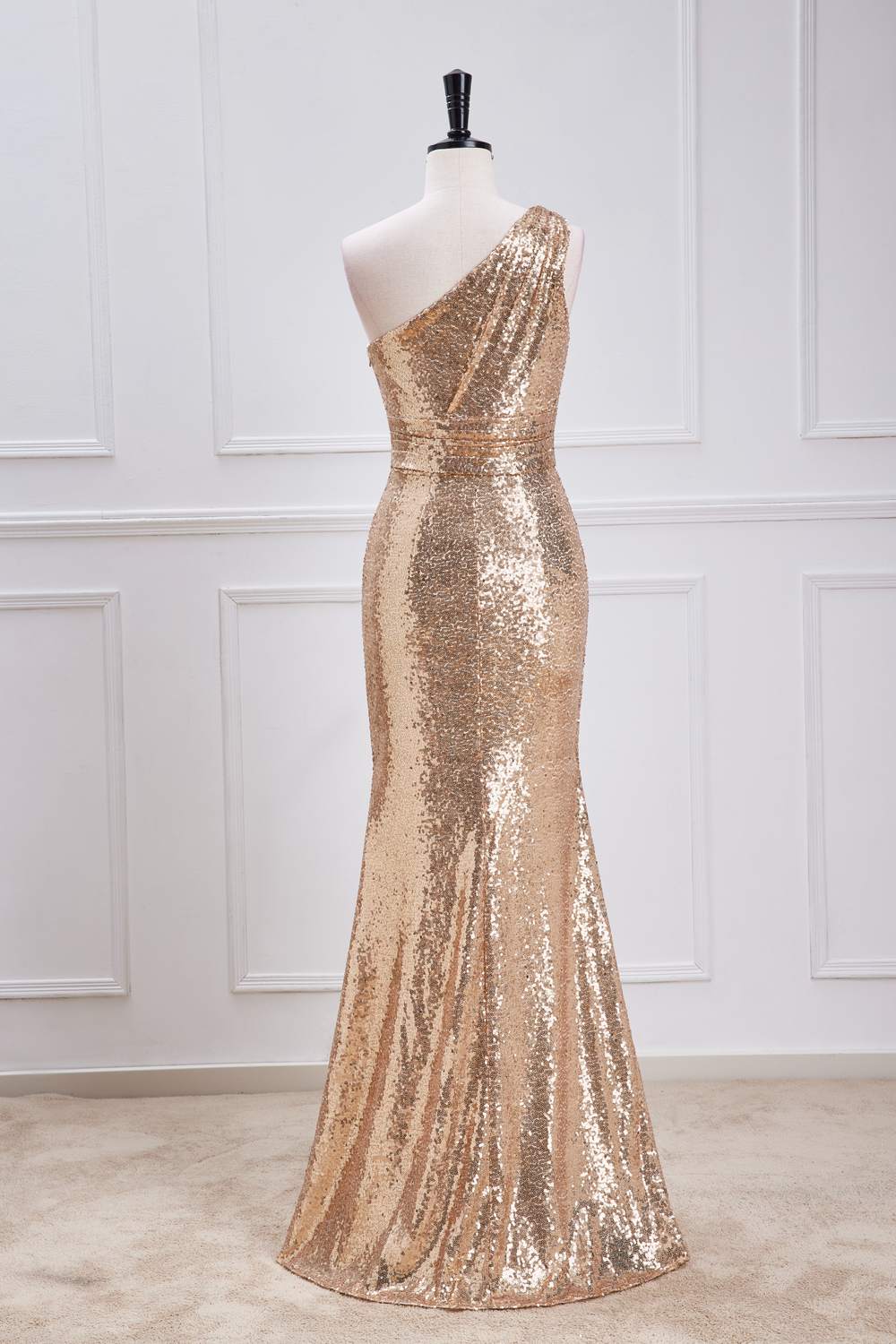One Shoulder Pleated Gold Sequin Mermaid Bridesmaid Dress
