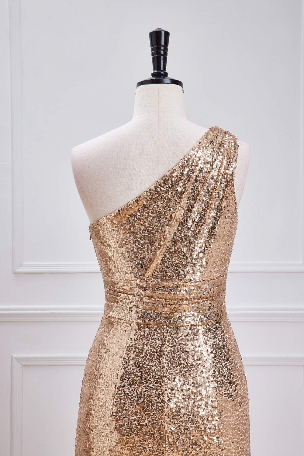 One Shoulder Pleated Gold Sequin Mermaid Bridesmaid Dress