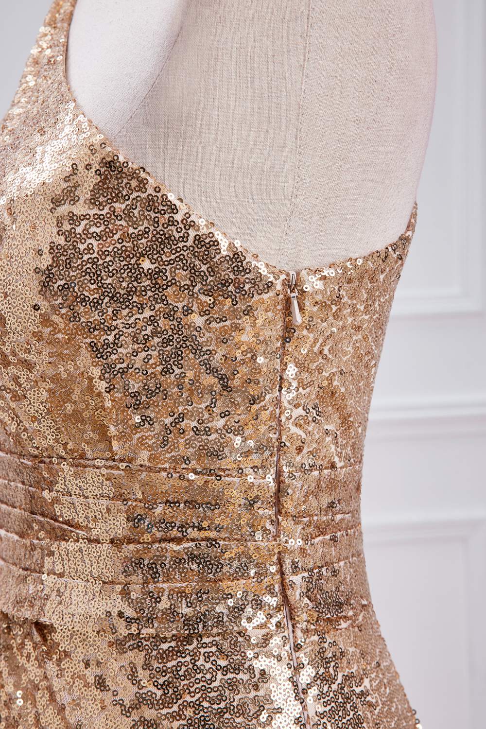 One Shoulder Pleated Gold Sequin Mermaid Bridesmaid Dress