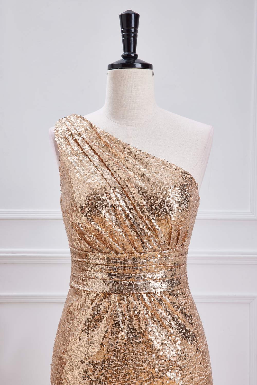 One Shoulder Pleated Gold Sequin Mermaid Bridesmaid Dress