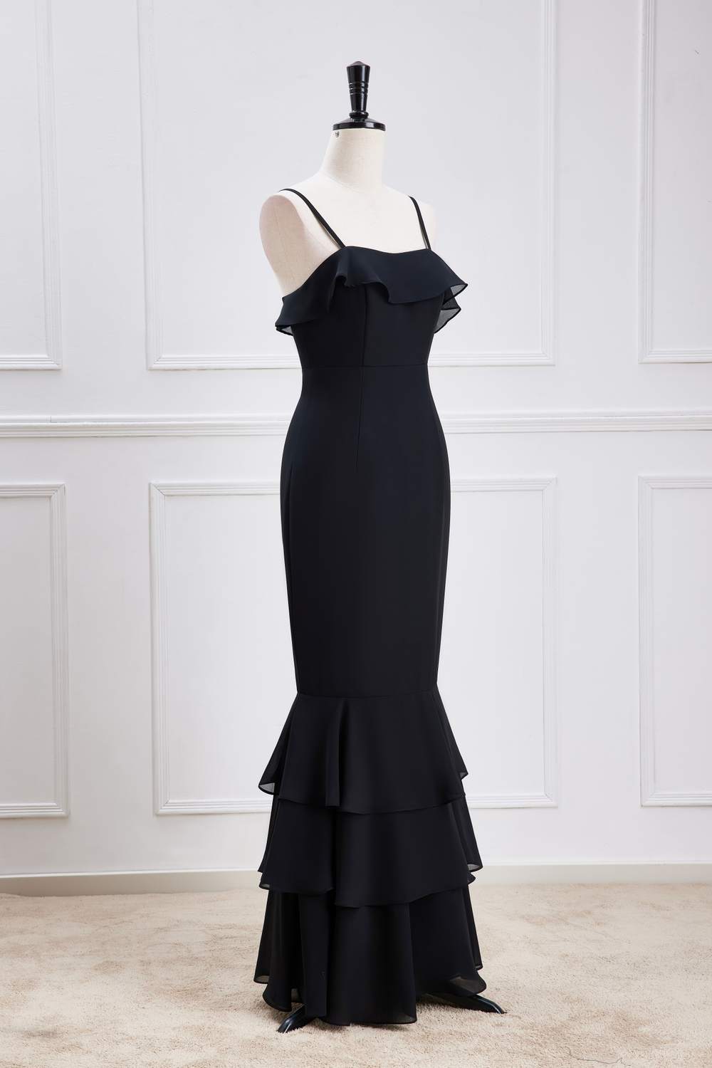 Black Straps Ruffle Multi-Layer Chiffon Maxi Dress