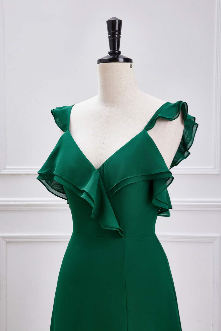 Emerald Green Ruffled Straps A-Line Bridesmaid Dress with Slit