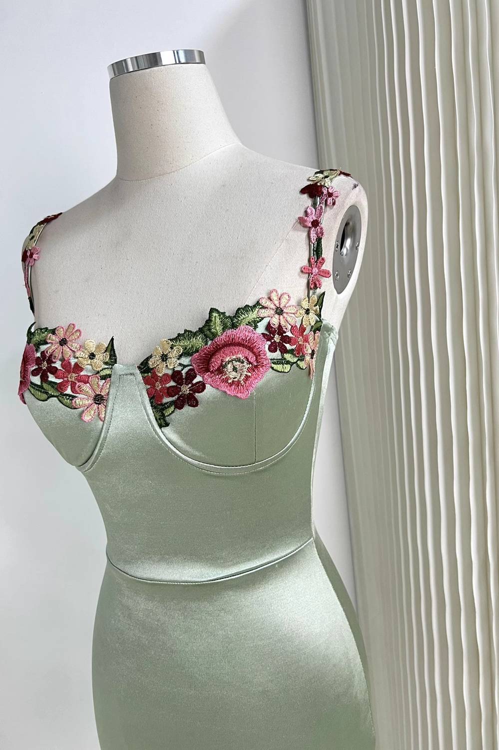 Gorgeous Sage Green Floral Embroidery Short Party Dress