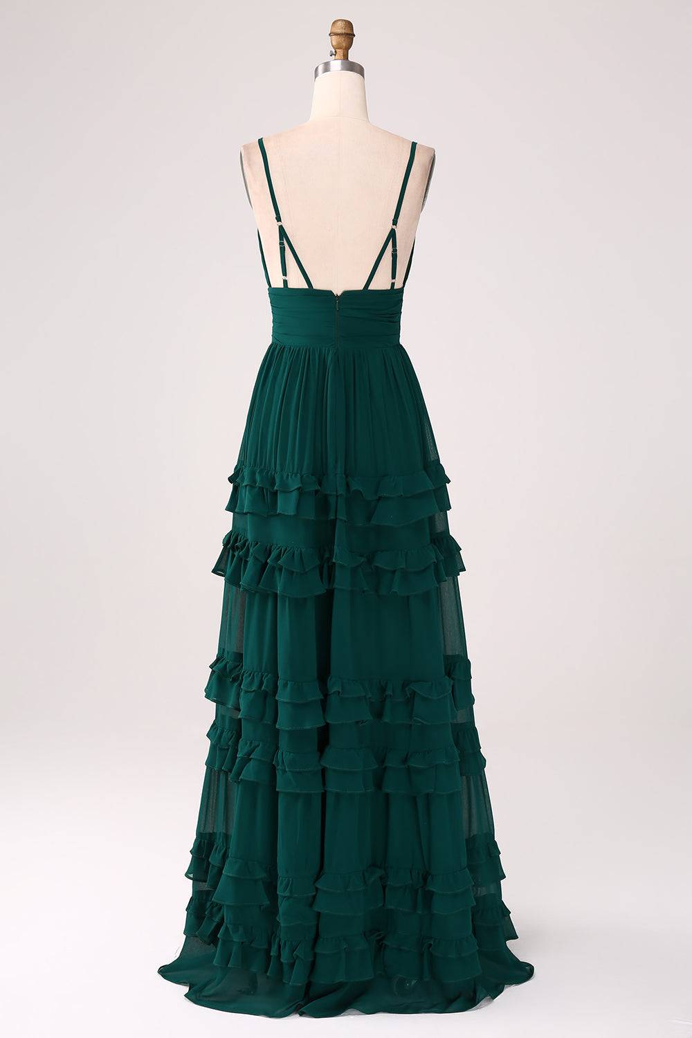 Plunging Neck Hunter Green A-Line Ruffle Maxi Dress