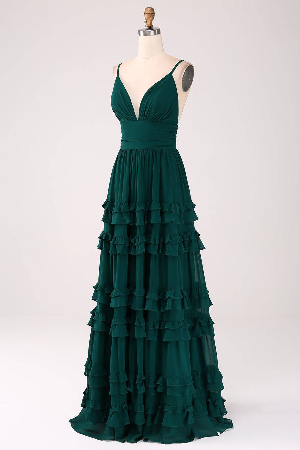 Plunging Neck Hunter Green A-Line Ruffle Maxi Dress