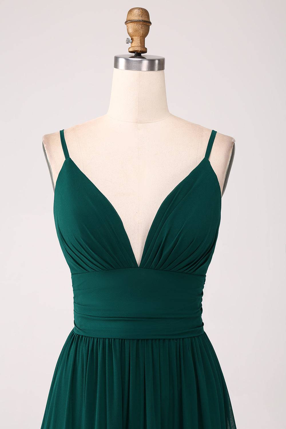 Plunging Neck Hunter Green A-Line Ruffle Maxi Dress