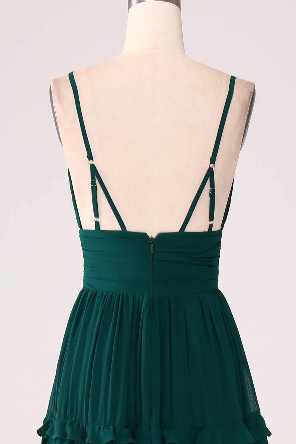 Plunging Neck Hunter Green A-Line Ruffle Maxi Dress
