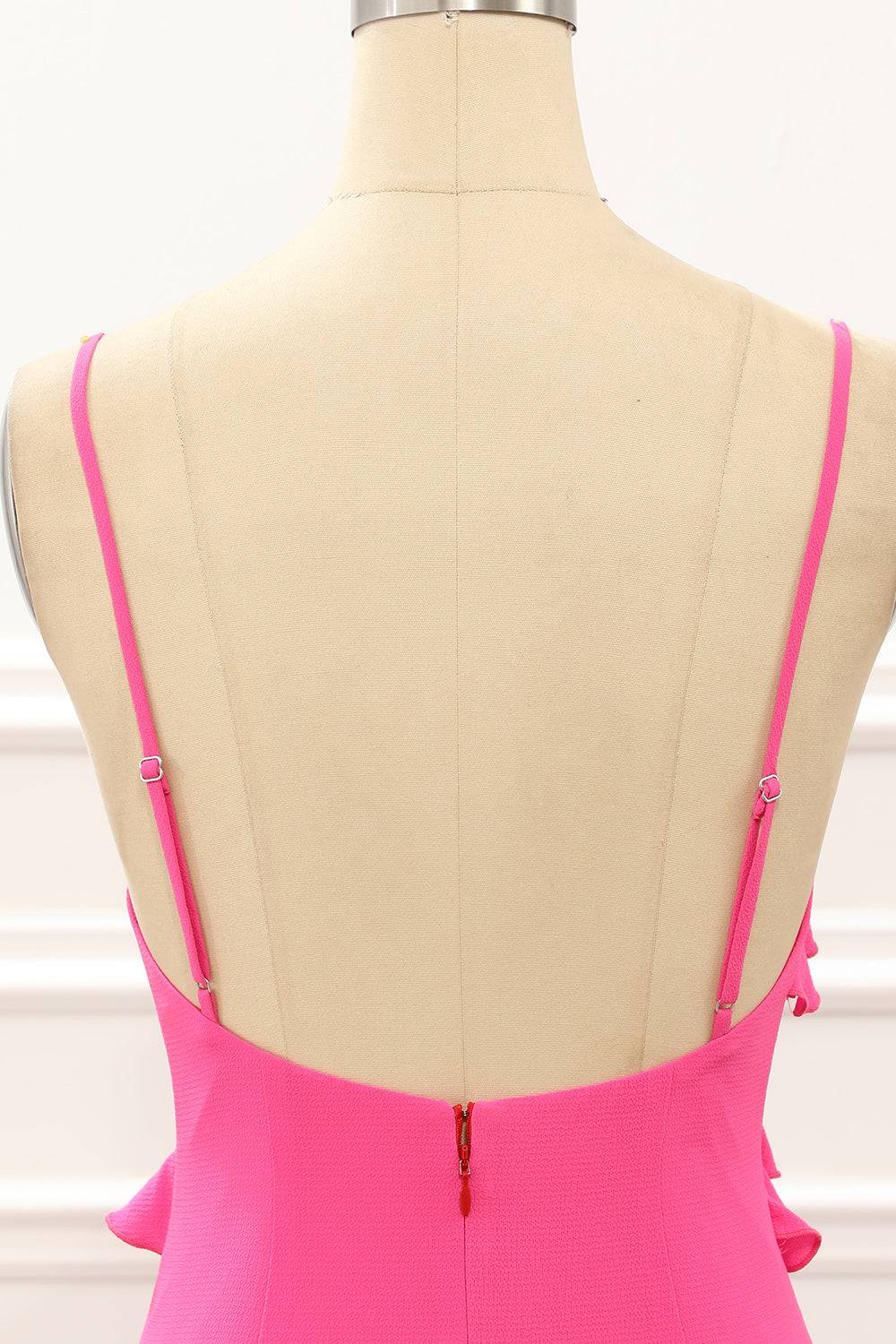 V-Neck Straps Hot Pink Ruffle Maxi Dress with Slit