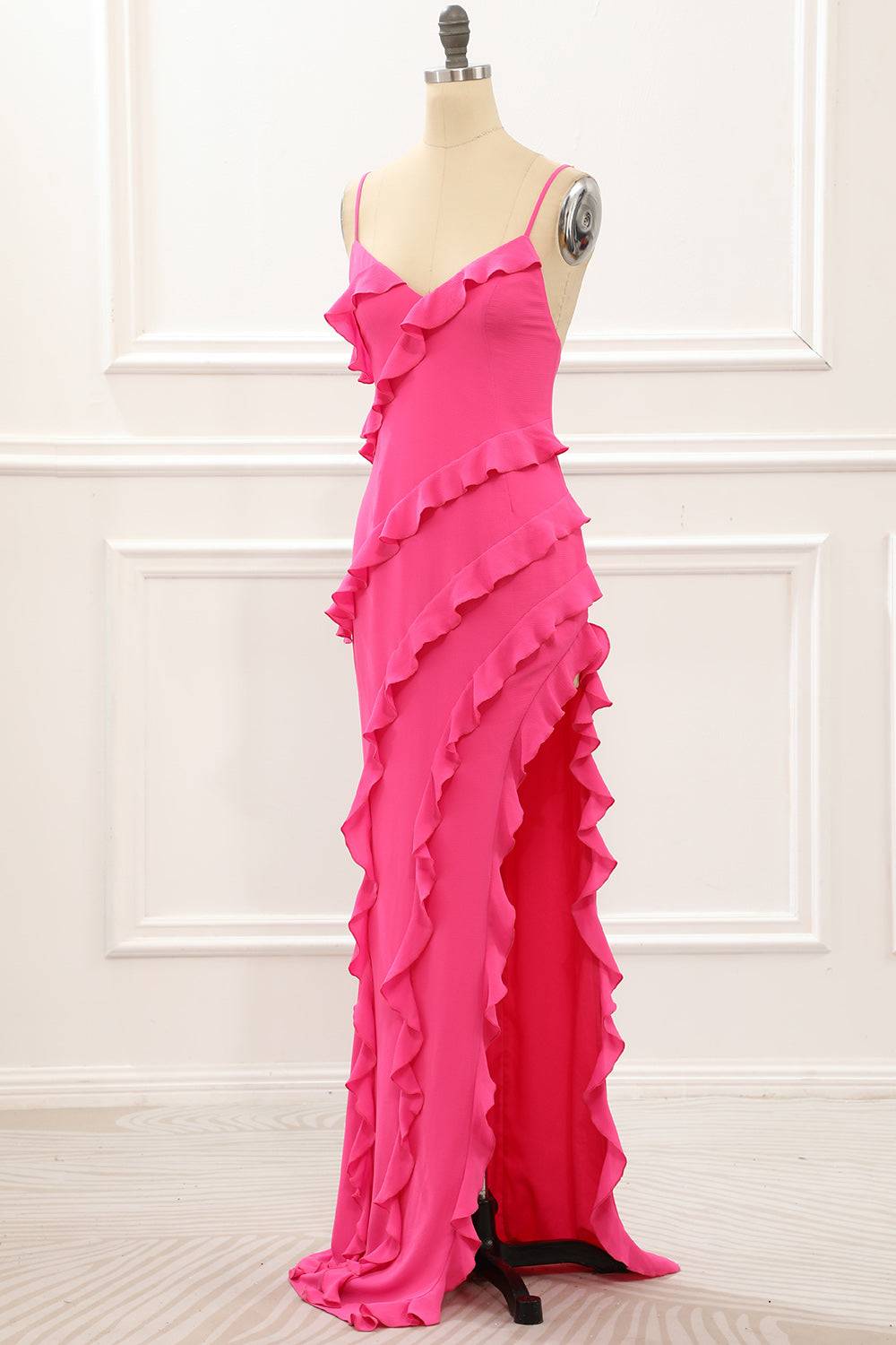 V-Neck Straps Hot Pink Ruffle Maxi Dress with Slit