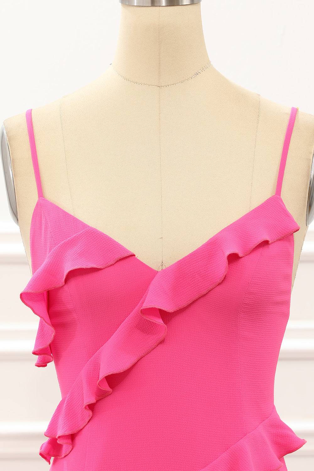 V-Neck Straps Hot Pink Ruffle Maxi Dress with Slit