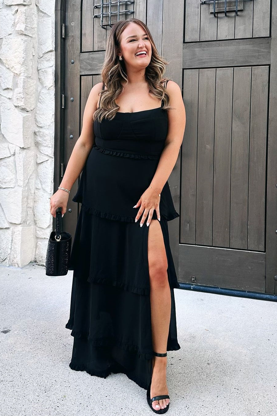 Black Straps High Slit Bridesmaid Dress with Ruffle