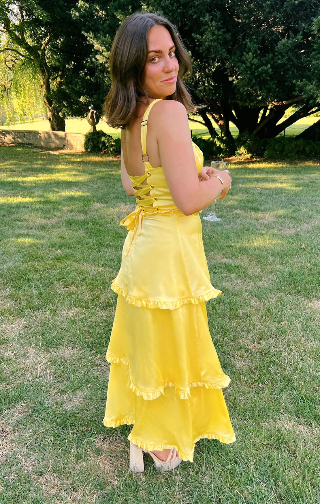 Hot Pink Ruffle Slit Bridesmaid Dress with Lace-up