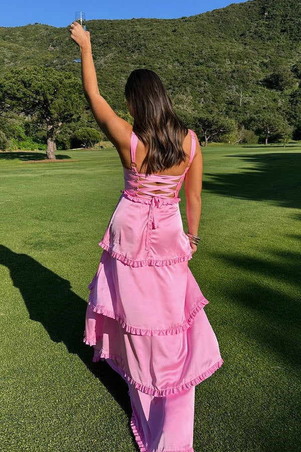 Hot Pink Ruffle Slit Bridesmaid Dress with Lace-up