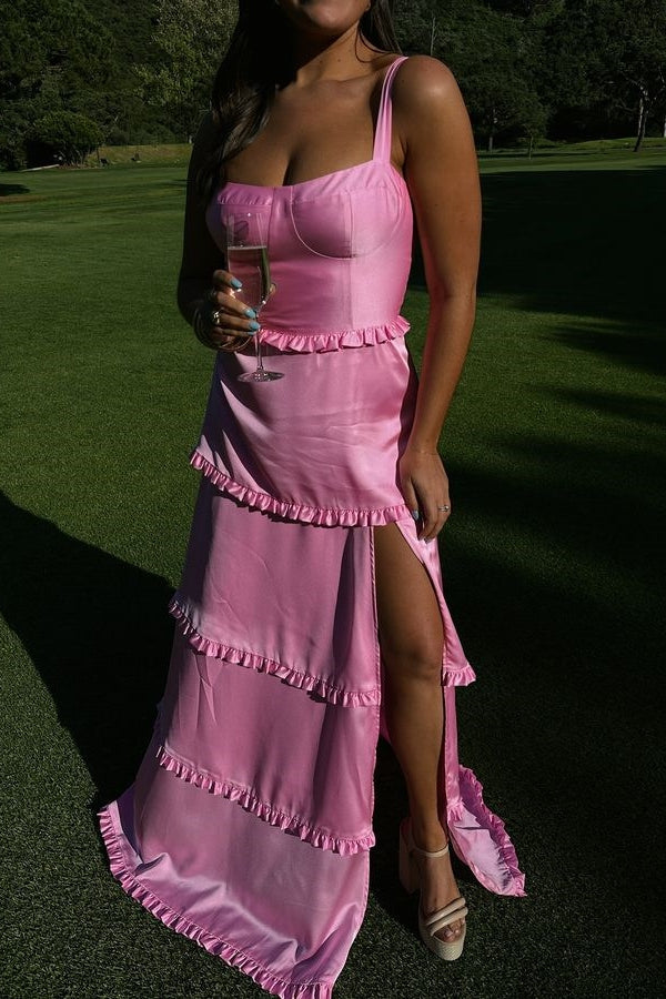 Hot Pink Ruffle Slit Bridesmaid Dress with Lace-up