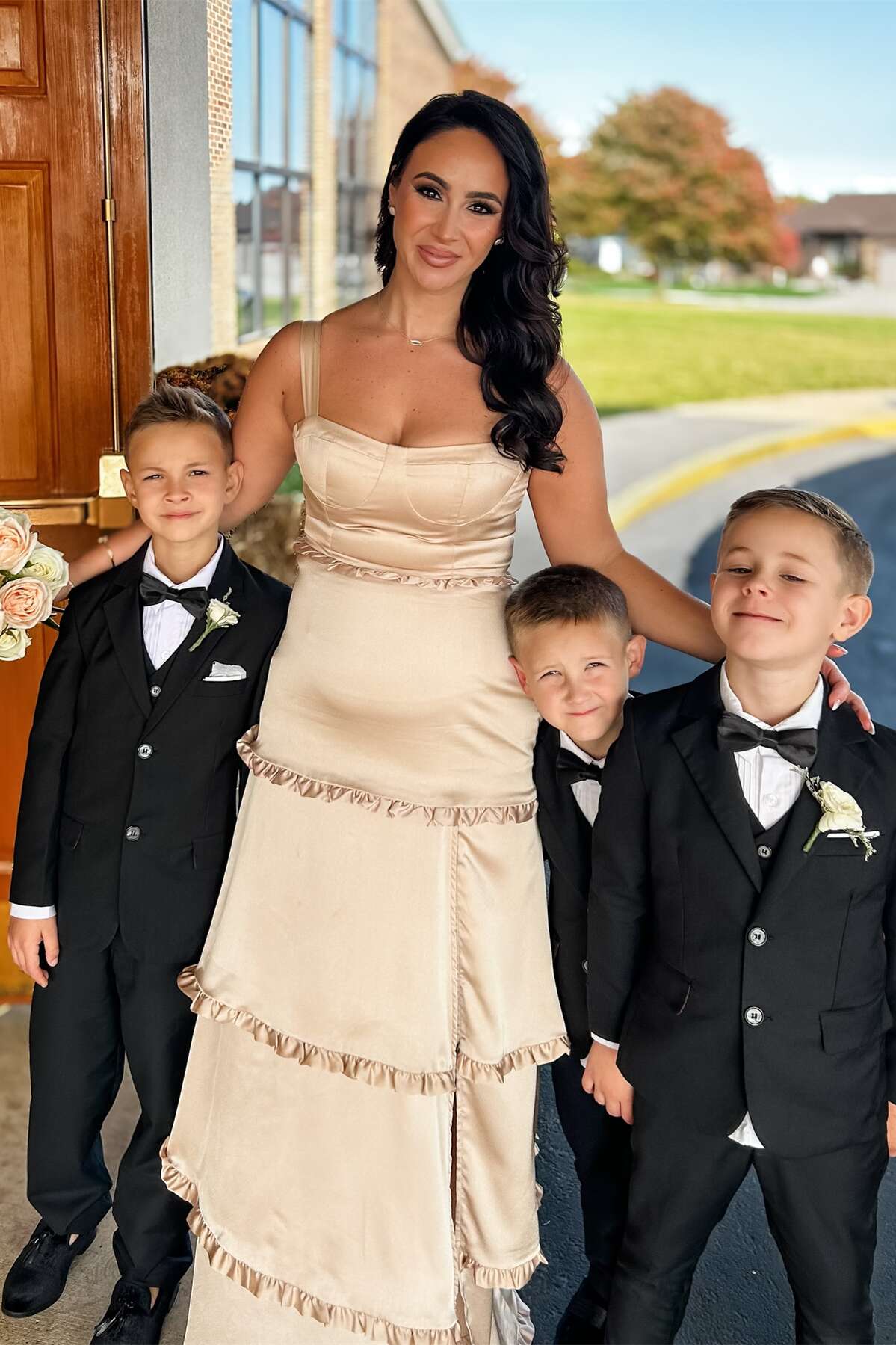 Hot Pink Ruffle Slit Bridesmaid Dress with Lace-up