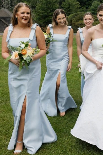 Light Blue Slit Bridesmaid Dress with Bow Tie Straps