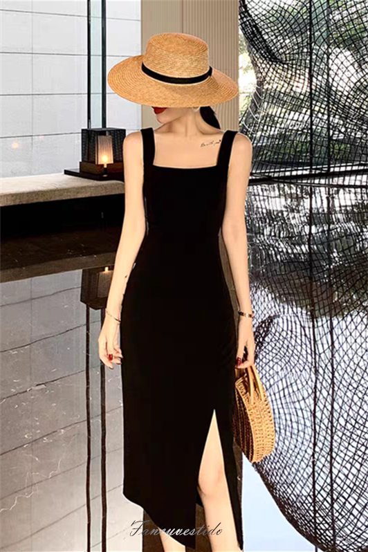 Black Sqare-Neck Tight Party Dress with Slit