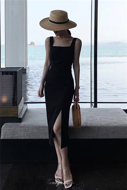 Black Sqare-Neck Tight Party Dress with Slit