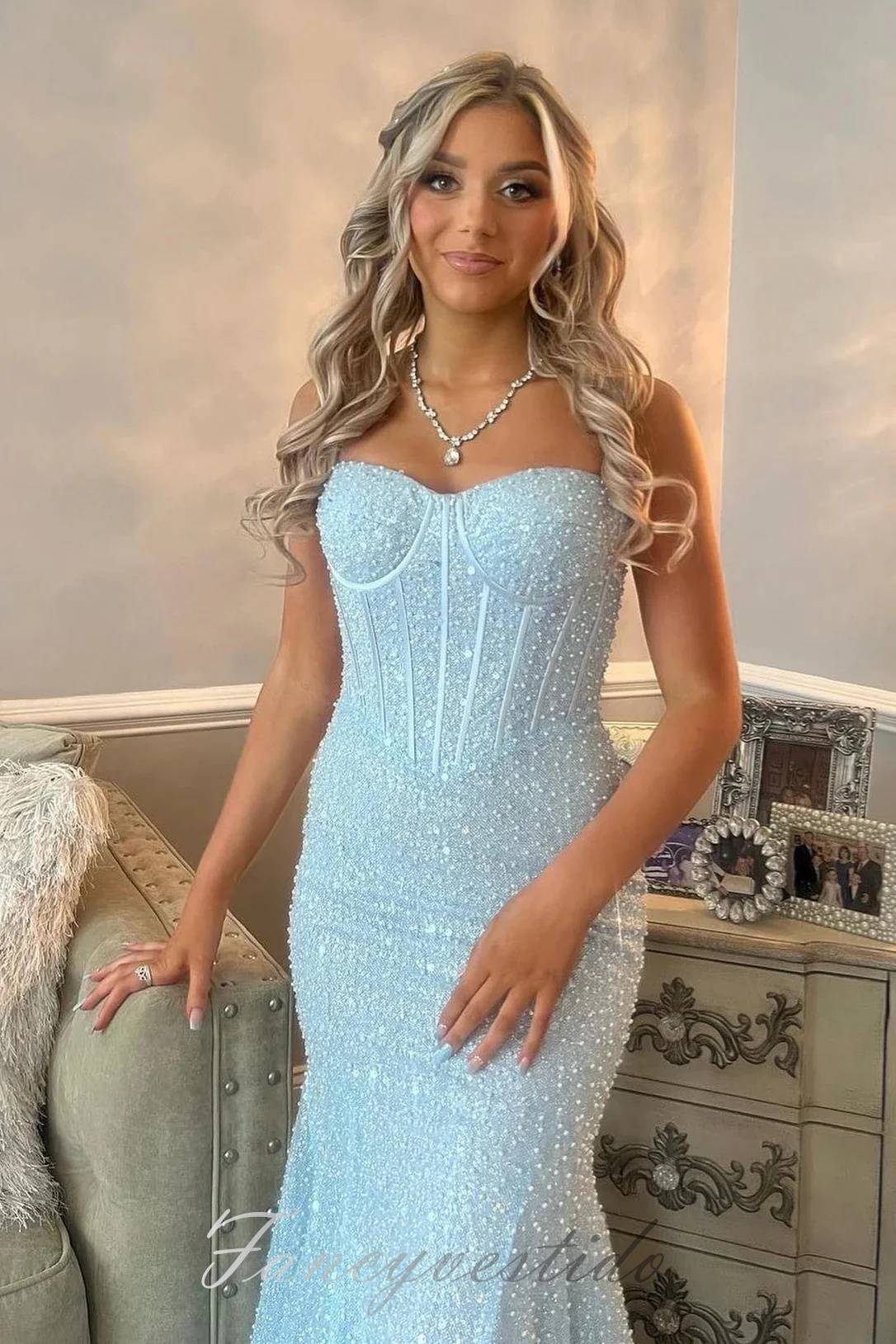 Straps Blue Sweetheart Sequin Beaded Mermaid Prom Dress