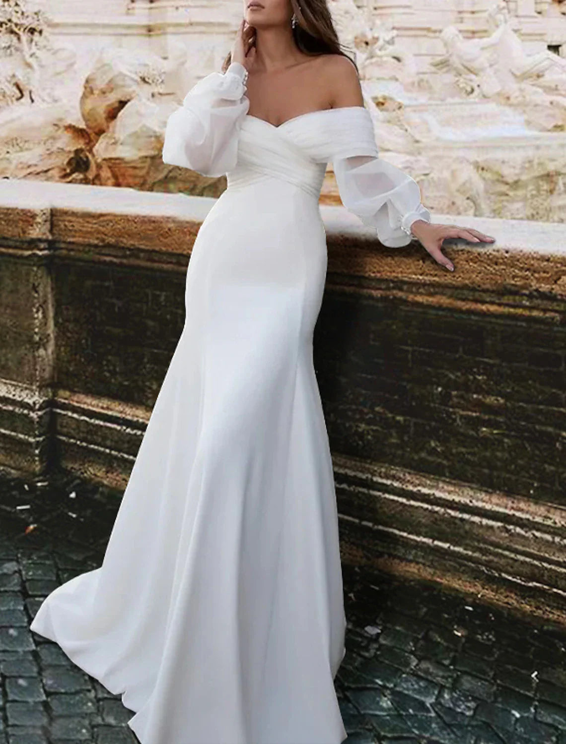 Aimishang Reception Simple Wedding Dresses Mermaid / Trumpet Off Shoulder Long Sleeve Sweep / Brush Train Satin Bridal Gowns With Ruched