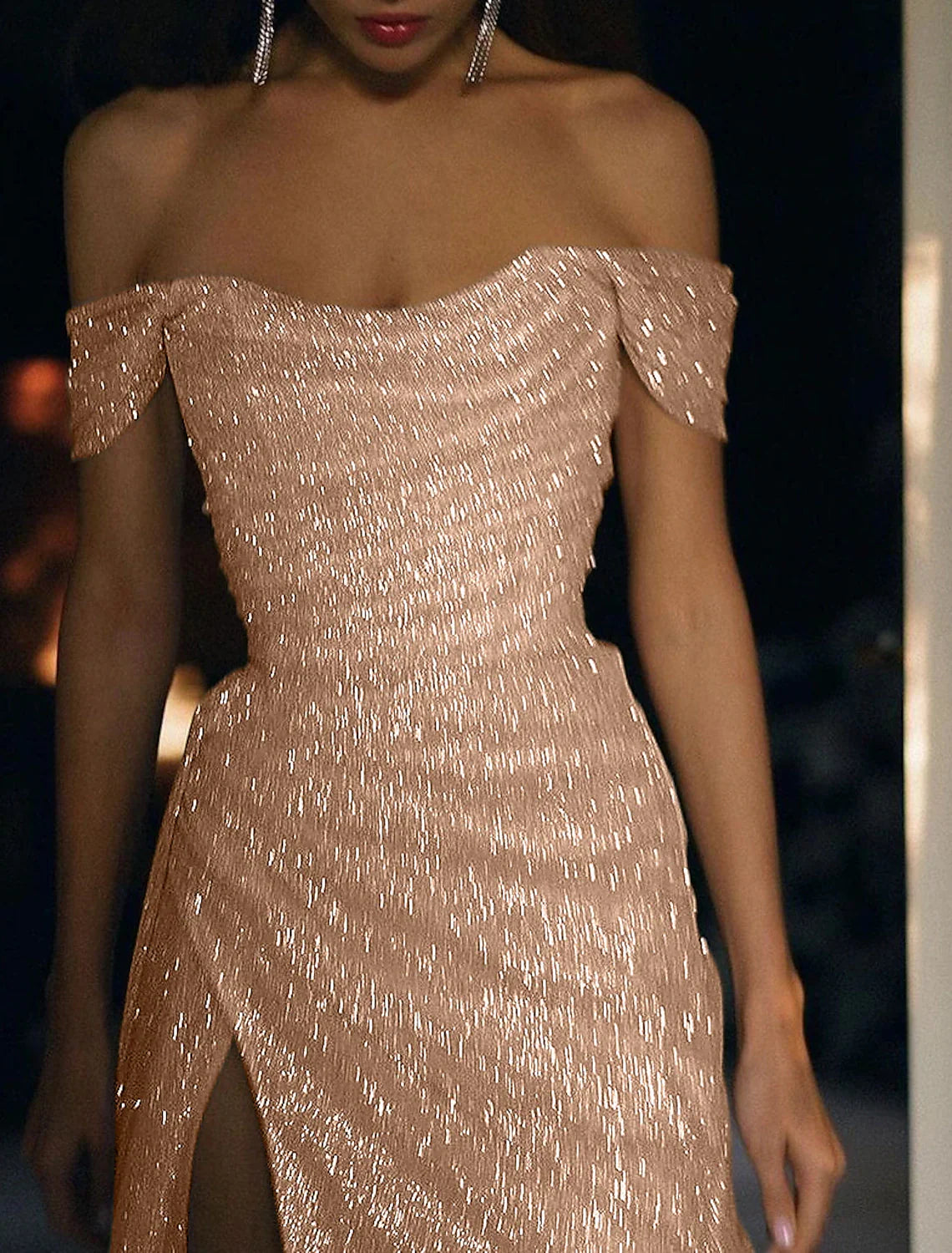 Wholesale Mermaid Evening Dresses Sparkle Wedding Dress For Reception Prom Dress Sweep / Brush Train Short Sleeve Off Shoulder Sequins with Slit