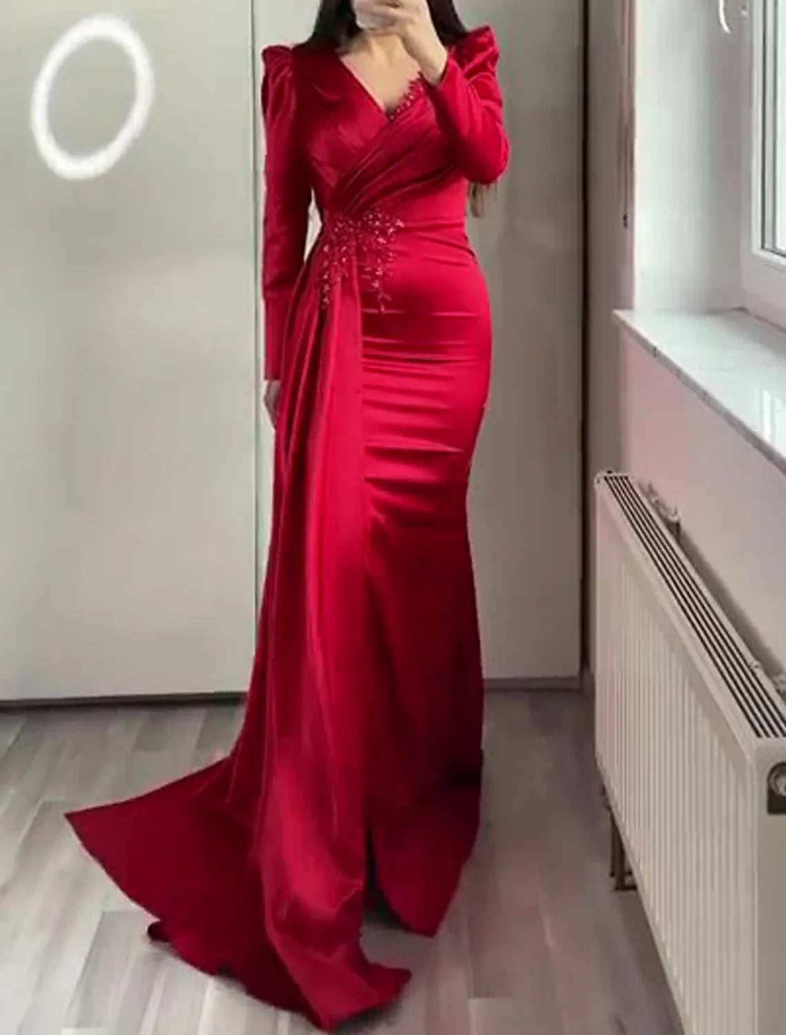 Mermaid / Trumpet Evening Gown Elegant Dress Formal Wedding Guest Floor Length Short Sleeve V Neck African American Satin with Ruched Appliques