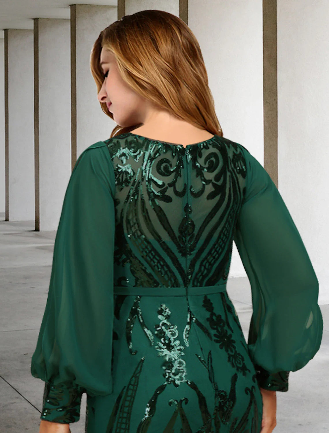 Aimishang  Mermaid / Trumpet Mother of the Bride Dresses Plus Size Hide Belly Curve Elegant Dress Formal Sweep / Brush Train Long Sleeve Jewel Neck Chiffon with Sequin