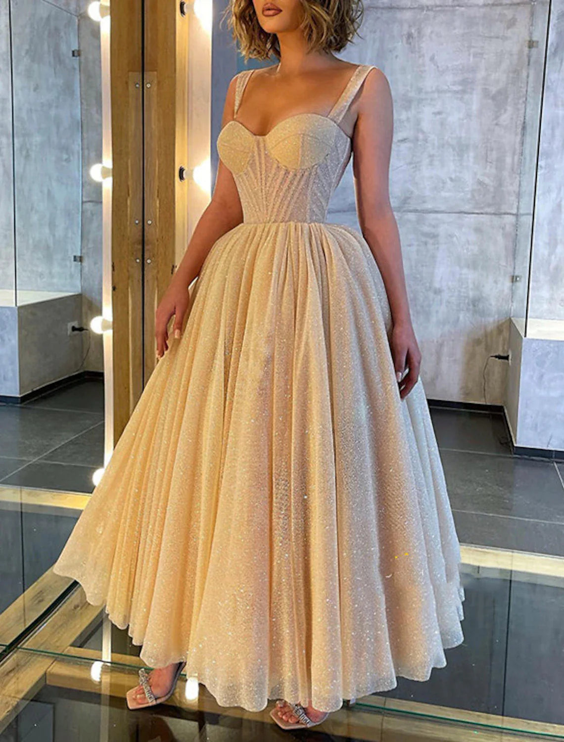 Aimishang Ball Gown Prom Dresses Formal Women's Dresses Wedding Guest Wedding Party Ankle Length Sleeveless Spaghetti Strap Tulle with Glitter Sequin