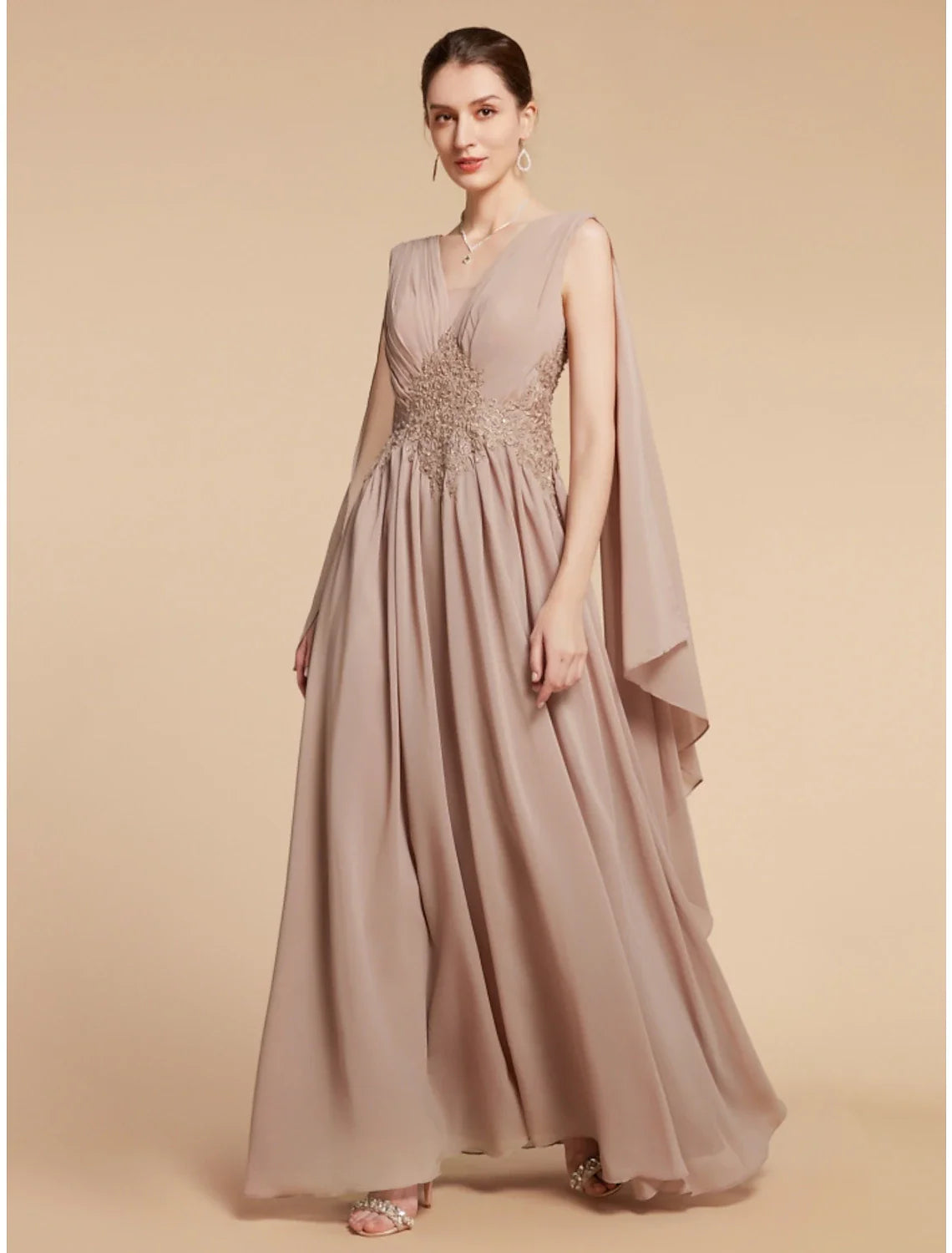 Aimishang  A-Line Mother of the Bride Dress Wedding Guest Elegant V Neck Ankle Length Chiffon Lace Sleeveless with Ruching Solid Color