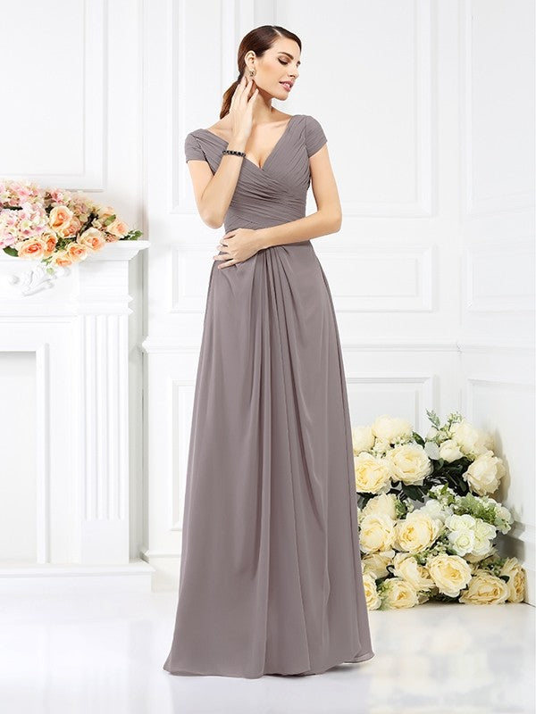 Weitese A-Line/Princess V-neck Pleats Short Sleeves Long Chiffon Bridesmaid Dresses