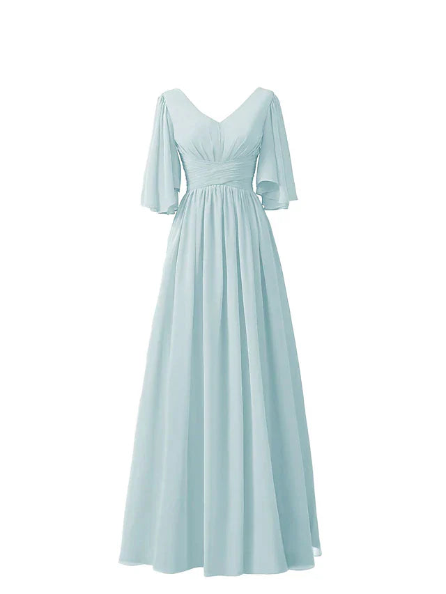 A-Line Bridesmaid Dress V Neck Half Sleeve Elegant Floor Length Chiffon with Pleats / RufflesA-Line Bridesmaid Dress V Neck Half Sleeve Elegant Floor Length Chiffon with Pleats / Ruffles