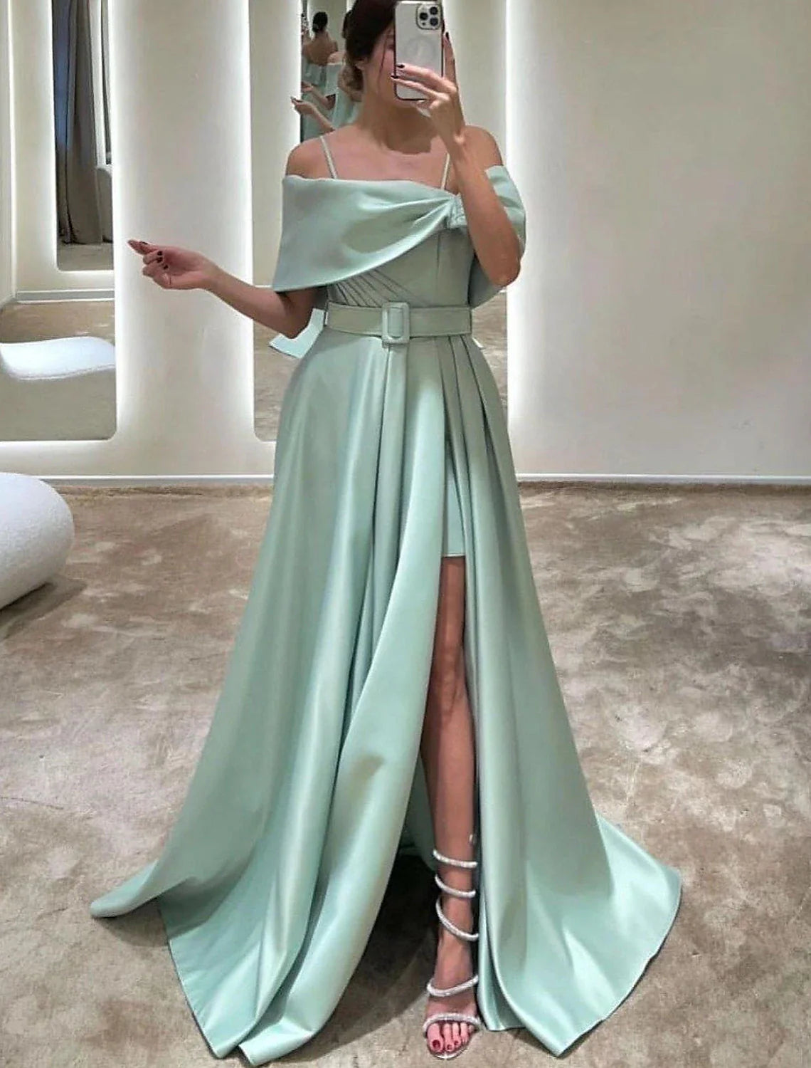 A-Line Evening Gown Elegant Dress Formal Floor Length Sleeveless Off Shoulder Satin with Crystals Slit Strapp