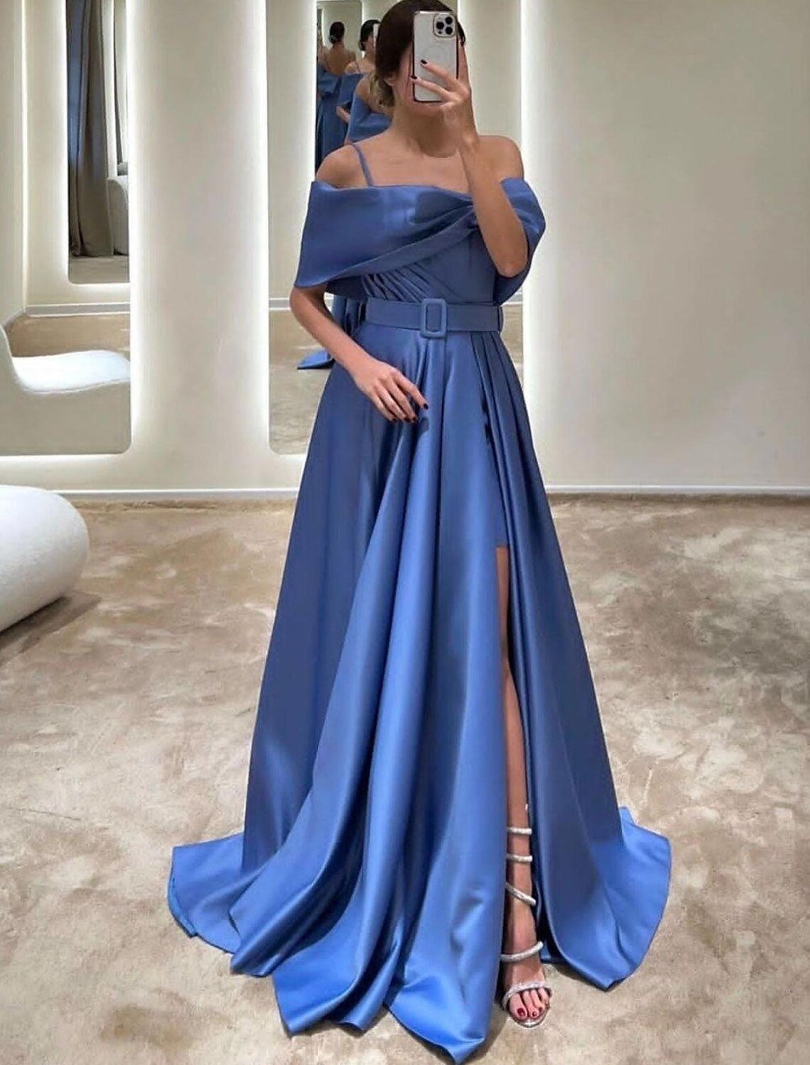A-Line Evening Gown Elegant Dress Formal Floor Length Sleeveless Off Shoulder Satin with Crystals Slit Strapp