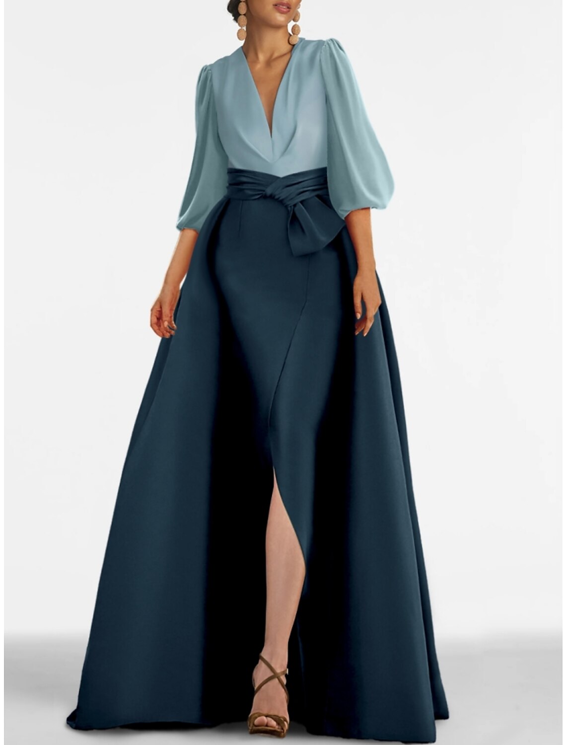 A-Line Evening Gown Elegant Dress Formal Sweep / Brush Train Half Sleeve V Neck Satin with Bow(s) Pleats Slit 2025