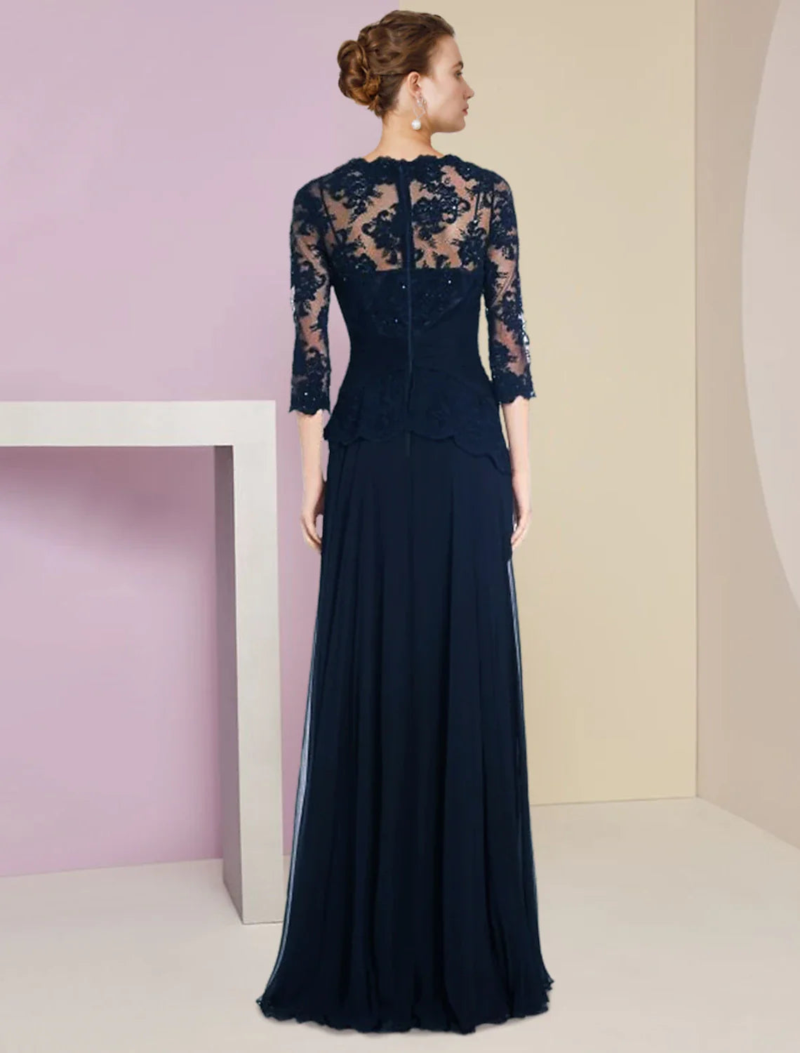 Aimishang A-Line Mother of the Bride Dress Formal Wedding Guest Elegant Scoop Neck Floor Length Chiffon Lace Half Sleeve with Pleats Appliques Crystal Brooch