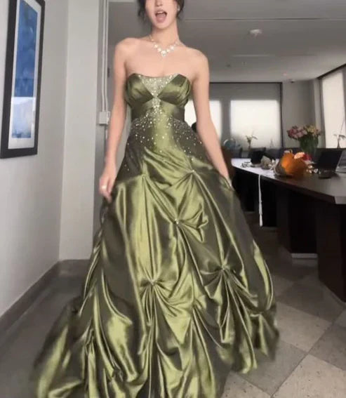 Aimishang Ball Gown Strapless Green Satin Long Prom Dress Charming Evening Party Dress