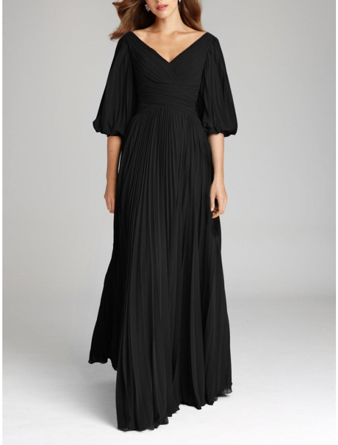 A-Line Evening Gown Elegant Dress Formal Floor Length Half Sleeve V Neck Chiffon with Pleats Ruched
