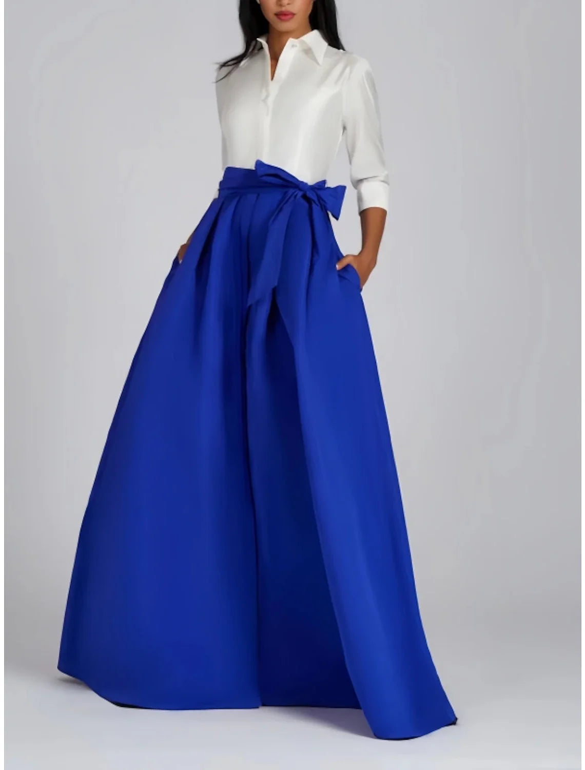 A-Line Evening Gown Party Dress Formal Wedding Guest Floor Length 3/4 Length Sleeve Shirt Collar Satin with Bow(s) Pleats