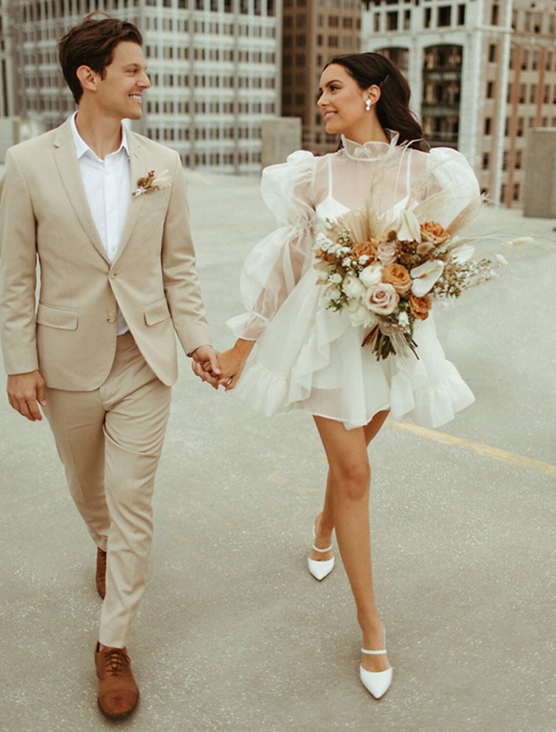 Aimishang Reception Little White Dresses Wedding Dresses A-Line High Neck Long Sleeve Short / Mini Organza Bridal Gowns With Pick Up Skirt Summer Wedding Party