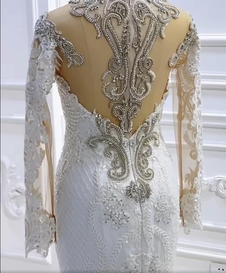 Glamorous Bateau Long Sleeves Pearl Sequins Mermaid Wedding Dress with Lace Appliques Beading