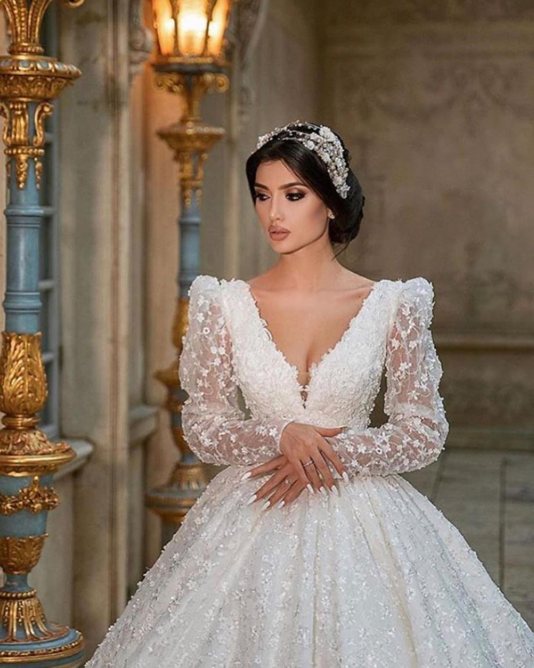 Glamorous Deep V-Neck Long Sleeve Train Wedding Dress with Lace Appliques