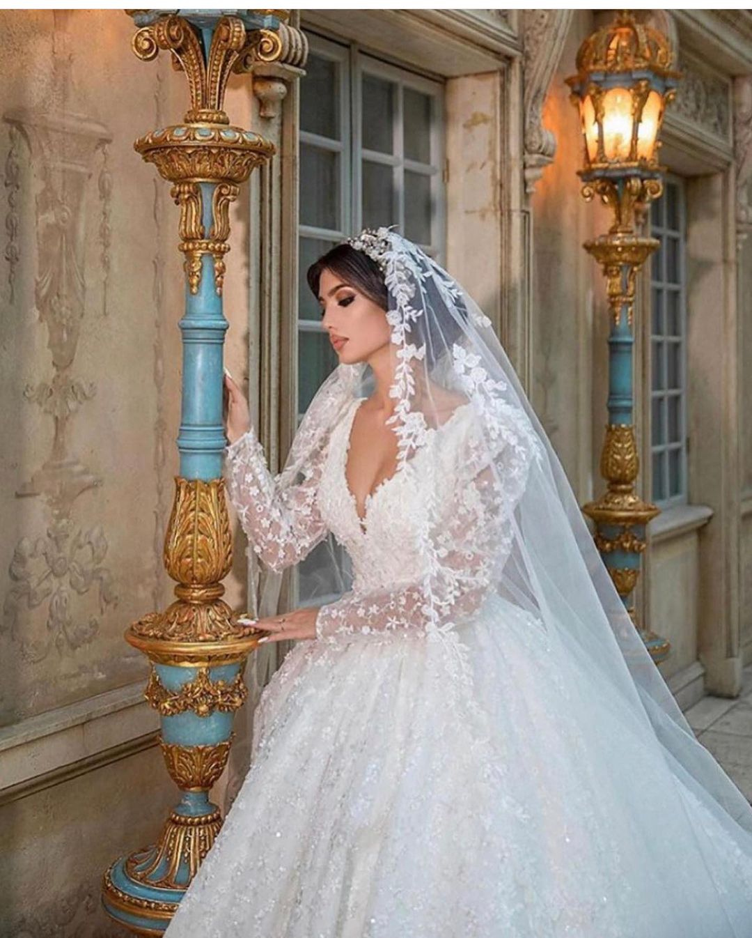 Glamorous Deep V-Neck Long Sleeve Train Wedding Dress with Lace Appliques